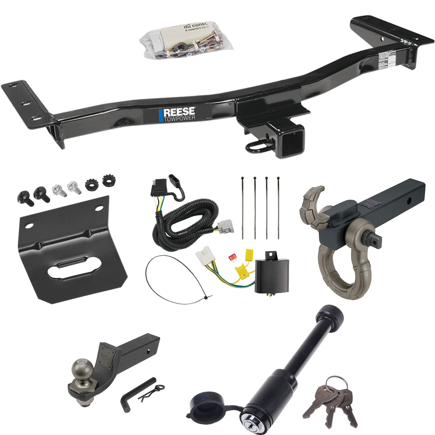 Fits 2010-2015 Lexus RX450h Trailer Hitch Tow PKG w/ 4-Flat Wiring + Interlock Tactical Starter Kit w/ 2" Drop & 2" Ball + Tactical Hook & Shackle Mount + Tactical Dogbone Lock + Wiring Bracket By Reese Towpower