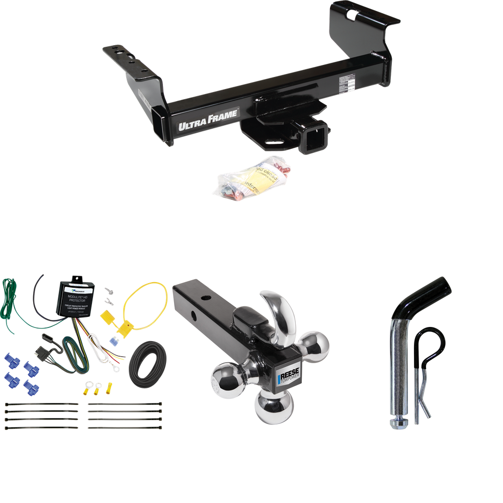 Fits 2007-2024 GMC Sierra 3500 HD Trailer Hitch Tow PKG w/ 4-Flat Wiring Harness + Triple Ball Ball Mount 1-7/8" & 2" & 2-5/16" Trailer Balls w/ Tow Hook + Pin/Clip (For Cab & Chassis, w/34" Wide Frames Models) By Draw-Tite