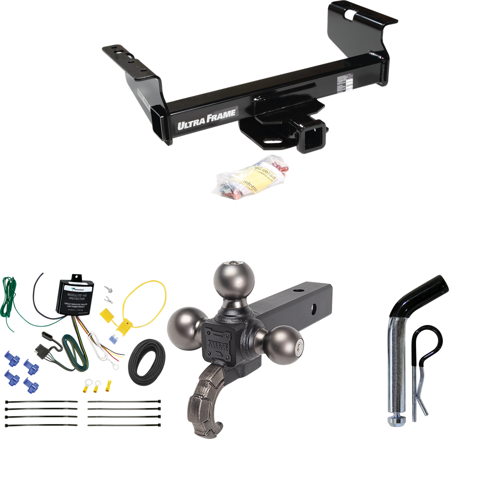 Fits 2007-2024 GMC Sierra 3500 HD Trailer Hitch Tow PKG w/ 4-Flat Wiring Harness + Triple Ball Ball Mount 1-7/8" & 2" & 2-5/16" Trailer Balls w/ Tow Hook + Pin/Clip (For Cab & Chassis, w/34" Wide Frames Models) By Draw-Tite