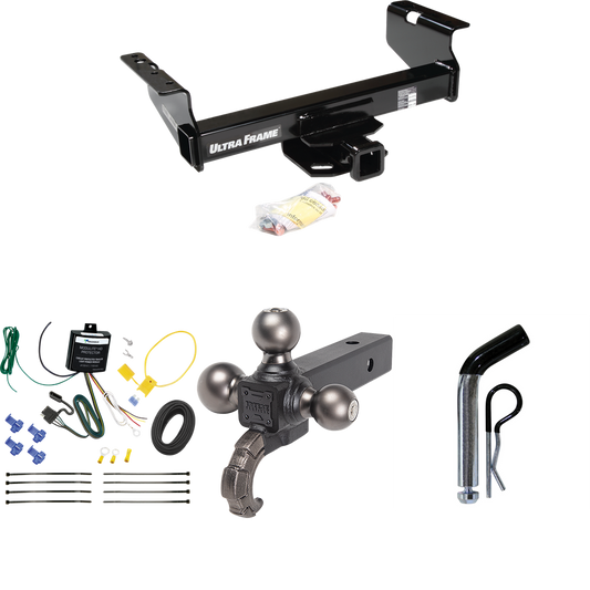 Fits 2007-2024 GMC Sierra 3500 HD Trailer Hitch Tow PKG w/ 4-Flat Wiring Harness + Triple Ball Ball Mount 1-7/8" & 2" & 2-5/16" Trailer Balls w/ Tow Hook + Pin/Clip (For Cab & Chassis, w/34" Wide Frames Models) By Draw-Tite