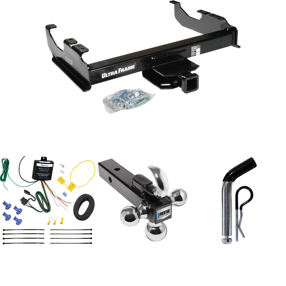 Fits 2007-2023 GMC Sierra 3500 HD Trailer Hitch Tow PKG w/ 4-Flat Wiring Harness + Triple Ball Ball Mount 1-7/8" & 2" & 2-5/16" Trailer Balls w/ Tow Hook + Pin/Clip (For Cab & Chassis, w/34" Wide Frames Models) By Draw-Tite