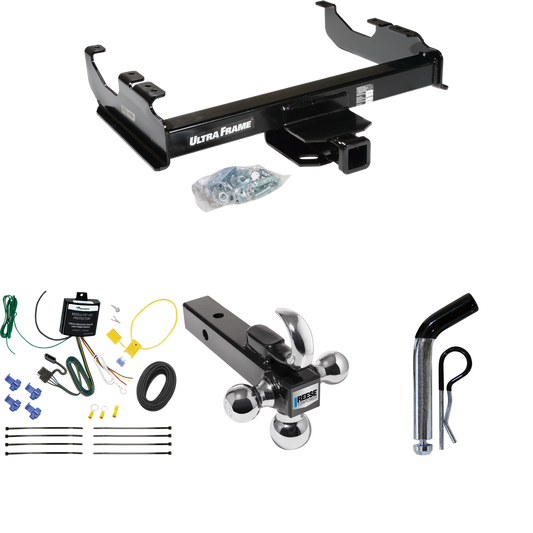 Fits 2007-2023 GMC Sierra 3500 HD Trailer Hitch Tow PKG w/ 4-Flat Wiring Harness + Triple Ball Ball Mount 1-7/8" & 2" & 2-5/16" Trailer Balls w/ Tow Hook + Pin/Clip (For Cab & Chassis, w/34" Wide Frames Models) By Draw-Tite