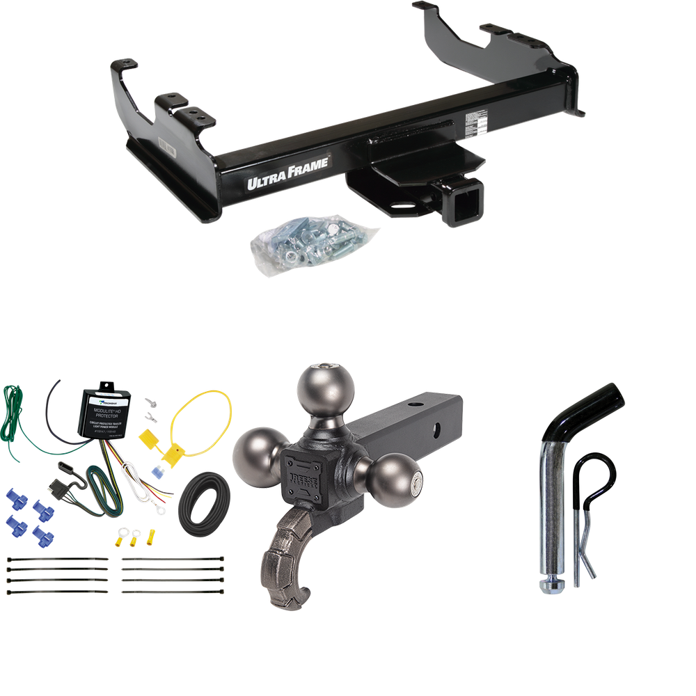 Fits 2007-2023 GMC Sierra 3500 HD Trailer Hitch Tow PKG w/ 4-Flat Wiring Harness + Triple Ball Ball Mount 1-7/8" & 2" & 2-5/16" Trailer Balls w/ Tow Hook + Pin/Clip (For Cab & Chassis, w/34" Wide Frames Models) By Draw-Tite