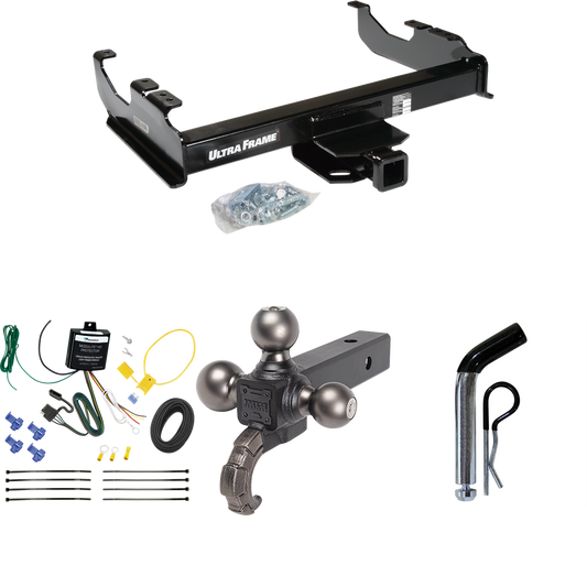 Fits 2007-2023 GMC Sierra 3500 HD Trailer Hitch Tow PKG w/ 4-Flat Wiring Harness + Triple Ball Ball Mount 1-7/8" & 2" & 2-5/16" Trailer Balls w/ Tow Hook + Pin/Clip (For Cab & Chassis, w/34" Wide Frames Models) By Draw-Tite