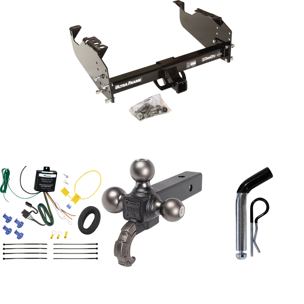 Fits 2007-2024 GMC Sierra 3500 HD Trailer Hitch Tow PKG w/ 4-Flat Wiring Harness + Triple Ball Ball Mount 1-7/8" & 2" & 2-5/16" Trailer Balls w/ Tow Hook + Pin/Clip (For Cab & Chassis, w/34" Wide Frames Models) By Draw-Tite