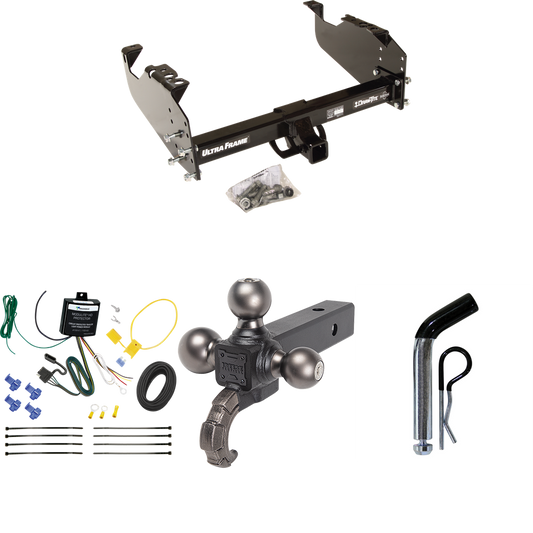 Fits 2007-2024 GMC Sierra 3500 HD Trailer Hitch Tow PKG w/ 4-Flat Wiring Harness + Triple Ball Ball Mount 1-7/8" & 2" & 2-5/16" Trailer Balls w/ Tow Hook + Pin/Clip (For Cab & Chassis, w/34" Wide Frames Models) By Draw-Tite