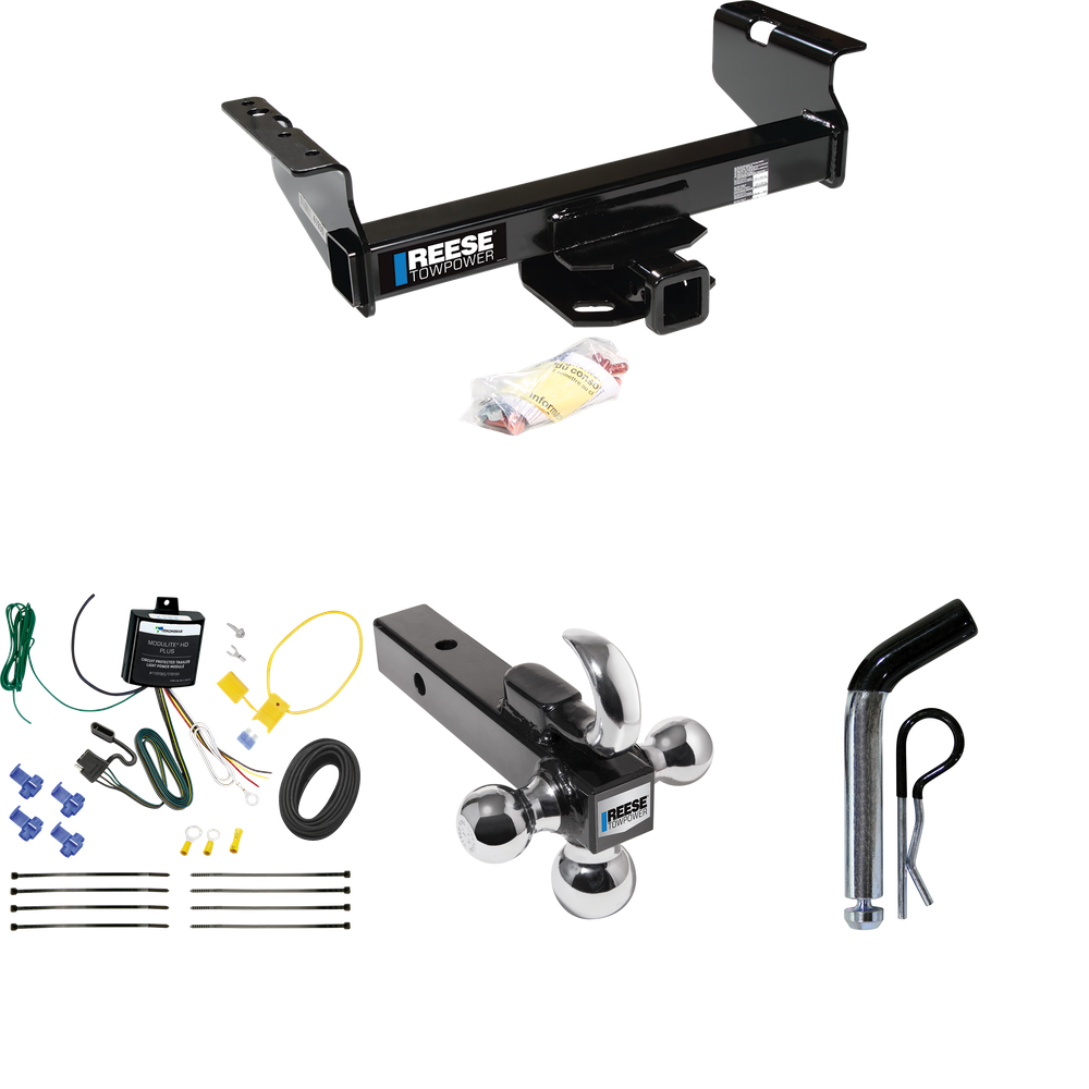 Fits 2007-2010 Dodge Ram 3500 Trailer Hitch Tow PKG w/ 4-Flat Wiring Harness + Triple Ball Ball Mount 1-7/8" & 2" & 2-5/16" Trailer Balls w/ Tow Hook + Pin/Clip (For Cab & Chassis, w/34" Wide Frames Models) By Reese Towpower