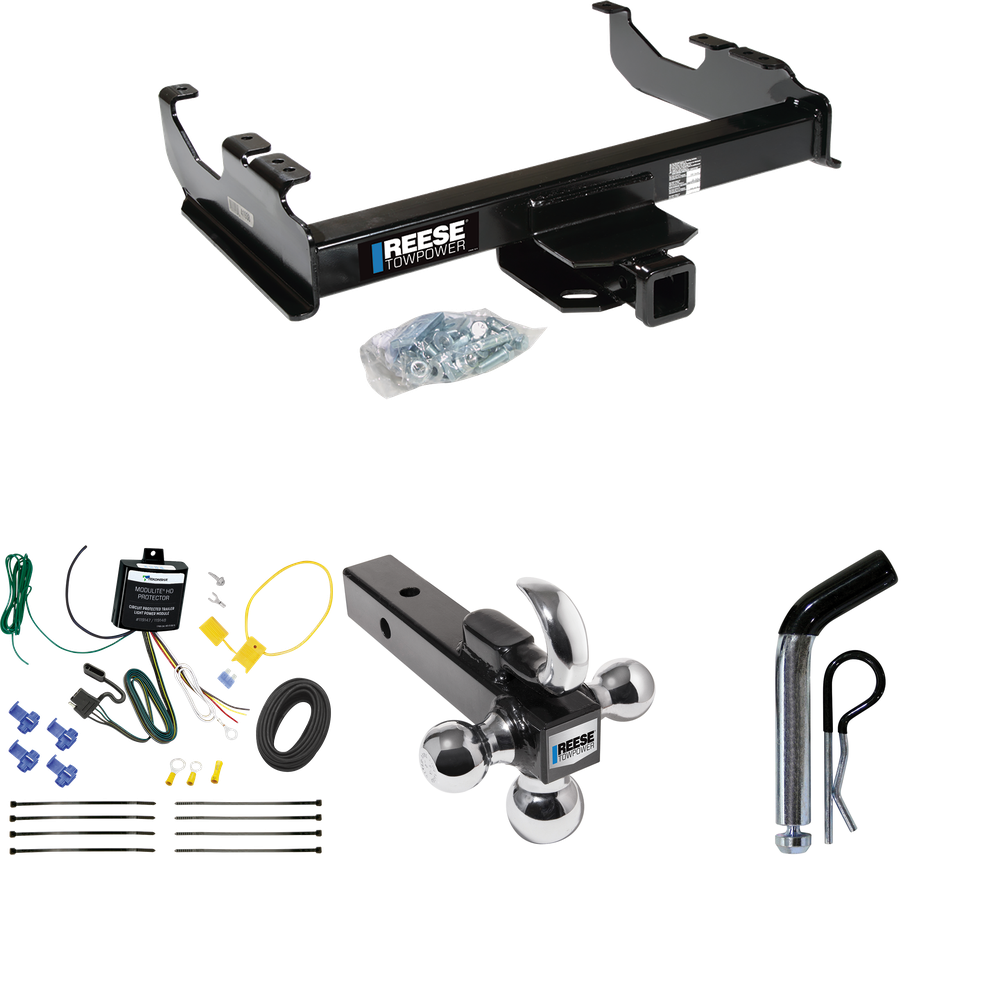 Fits 2007-2023 GMC Sierra 3500 HD Trailer Hitch Tow PKG w/ 4-Flat Wiring Harness + Triple Ball Ball Mount 1-7/8" & 2" & 2-5/16" Trailer Balls w/ Tow Hook + Pin/Clip (For Cab & Chassis, w/34" Wide Frames Models) By Reese Towpower