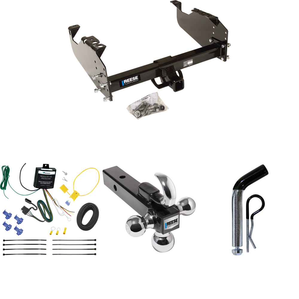 Fits 2007-2023 GMC Sierra 3500 HD Trailer Hitch Tow PKG w/ 4-Flat Wiring Harness + Triple Ball Ball Mount 1-7/8" & 2" & 2-5/16" Trailer Balls w/ Tow Hook + Pin/Clip (For Cab & Chassis, w/34" Wide Frames Models) By Reese Towpower