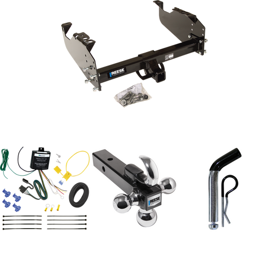 Fits 2007-2023 GMC Sierra 3500 HD Trailer Hitch Tow PKG w/ 4-Flat Wiring Harness + Triple Ball Ball Mount 1-7/8" & 2" & 2-5/16" Trailer Balls w/ Tow Hook + Pin/Clip (For Cab & Chassis, w/34" Wide Frames Models) By Reese Towpower