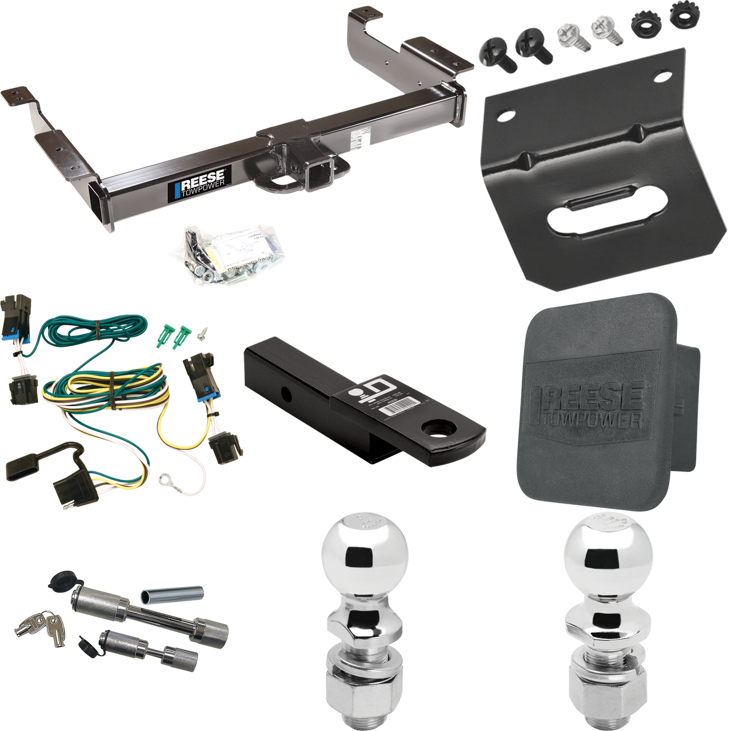 Fits 2003-2023 GMC Savana 3500 Trailer Hitch Tow PKG w/ 4-Flat Wiring Harness + Ball Mount w/ 2" Drop + Dual Hitch & Coupler Locks + 2" Ball + 2-5/16" Ball + Hitch Cover + Wiring Bracket By Reese Towpower