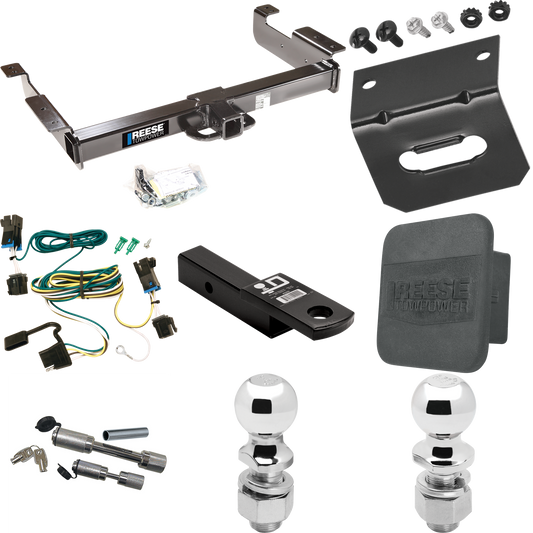 Fits 2003-2023 GMC Savana 3500 Trailer Hitch Tow PKG w/ 4-Flat Wiring Harness + Ball Mount w/ 2" Drop + Dual Hitch & Coupler Locks + 2" Ball + 2-5/16" Ball + Hitch Cover + Wiring Bracket By Reese Towpower