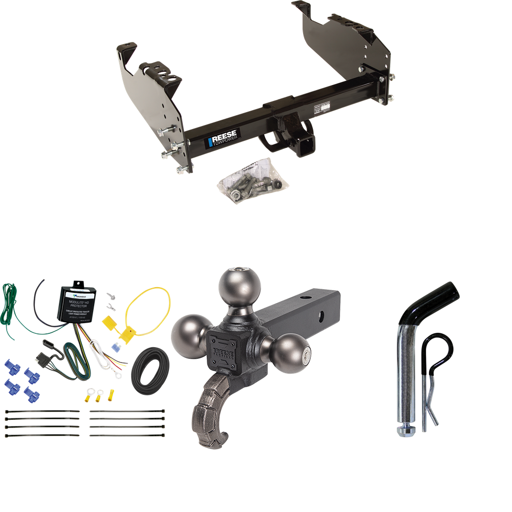 Fits 2007-2023 GMC Sierra 3500 HD Trailer Hitch Tow PKG w/ 4-Flat Wiring Harness + Triple Ball Ball Mount 1-7/8" & 2" & 2-5/16" Trailer Balls w/ Tow Hook + Pin/Clip (For Cab & Chassis, w/34" Wide Frames Models) By Reese Towpower