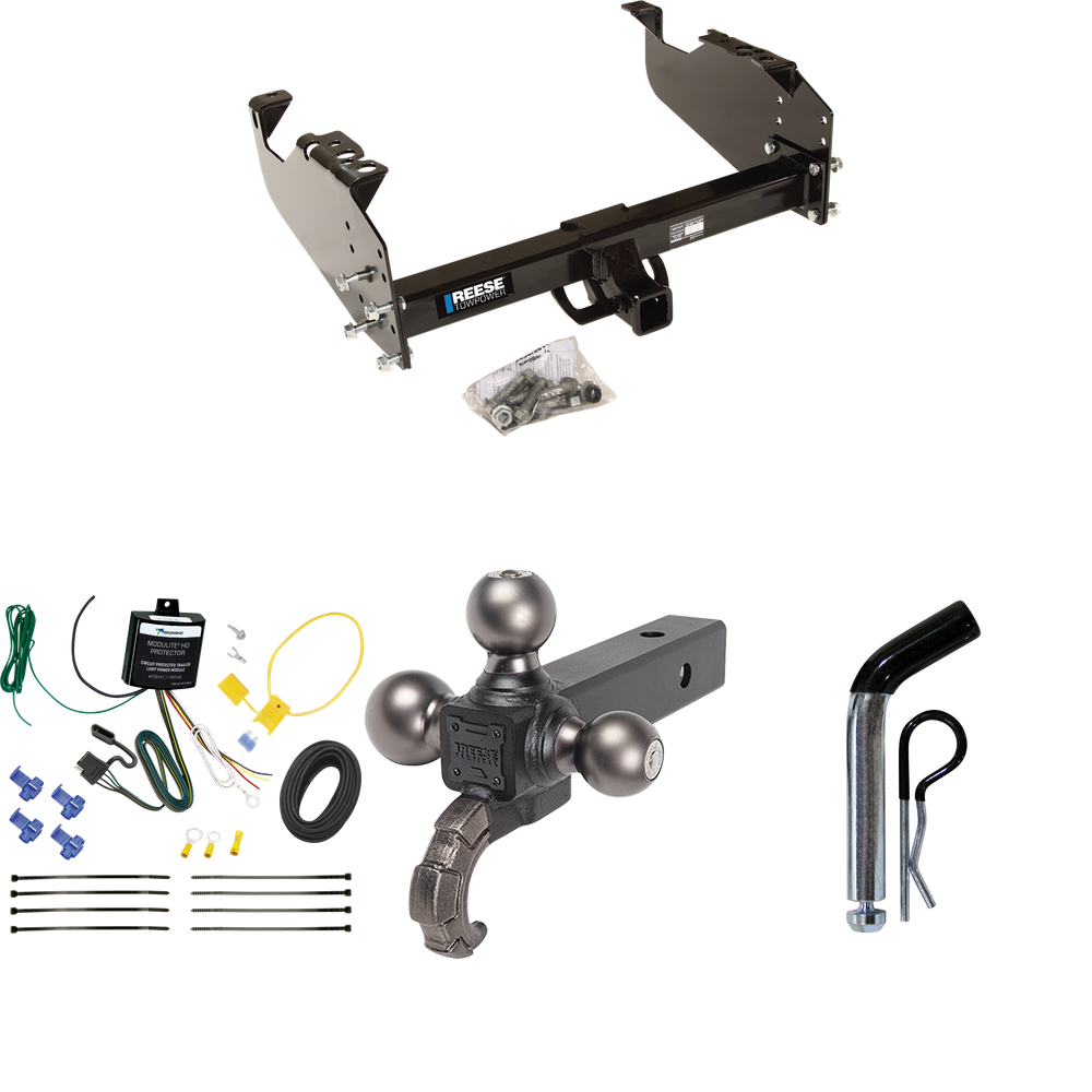 Fits 2007-2010 Dodge Ram 3500 Trailer Hitch Tow PKG w/ 4-Flat Wiring Harness + Triple Ball Ball Mount 1-7/8" & 2" & 2-5/16" Trailer Balls w/ Tow Hook + Pin/Clip (For Cab & Chassis, w/34" Wide Frames Models) By Reese Towpower