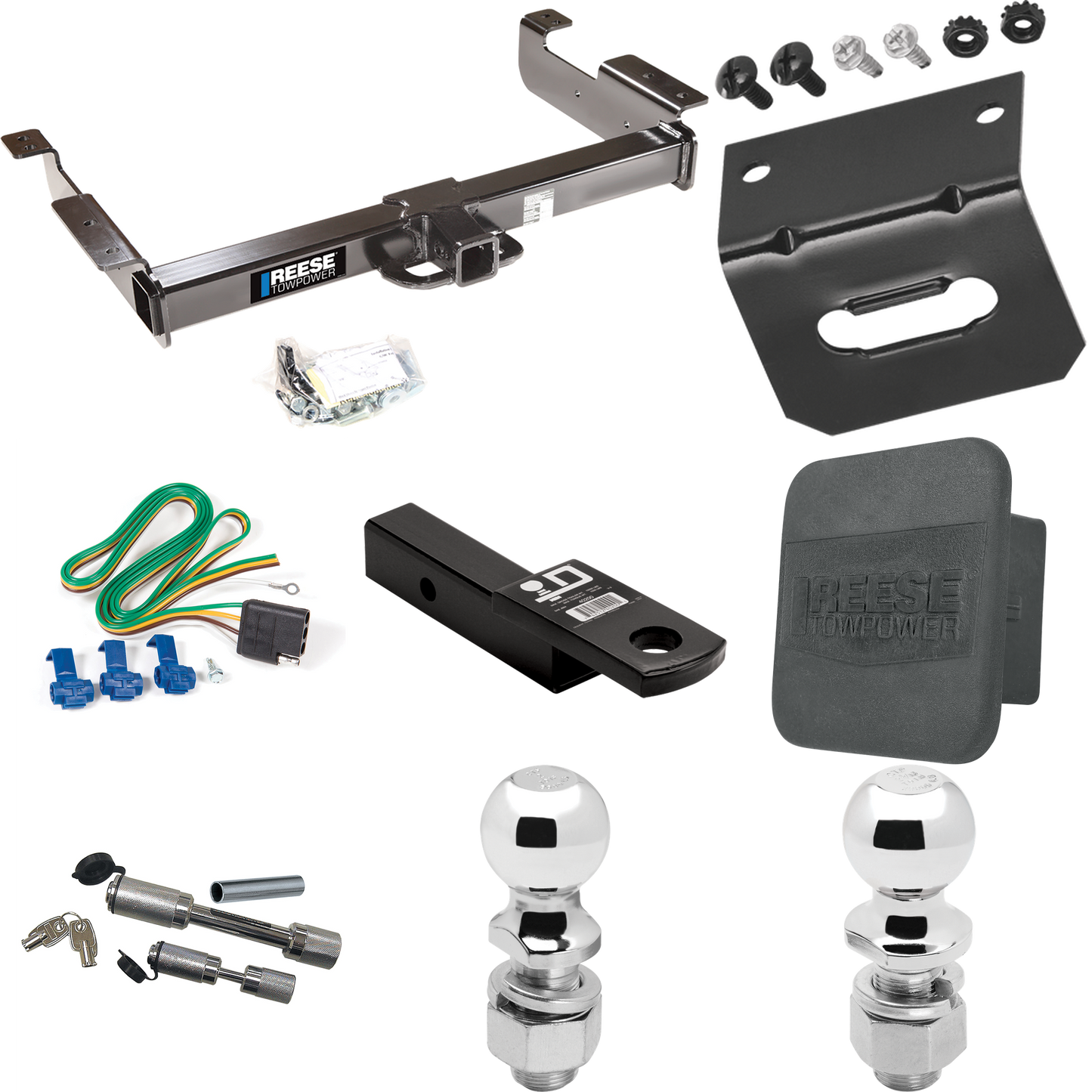 Fits 1996-1999 GMC Savana 1500 Trailer Hitch Tow PKG w/ 4-Flat Wiring Harness + Ball Mount w/ 2" Drop + Dual Hitch & Coupler Locks + 2" Ball + 2-5/16" Ball + Hitch Cover + Wiring Bracket By Reese Towpower