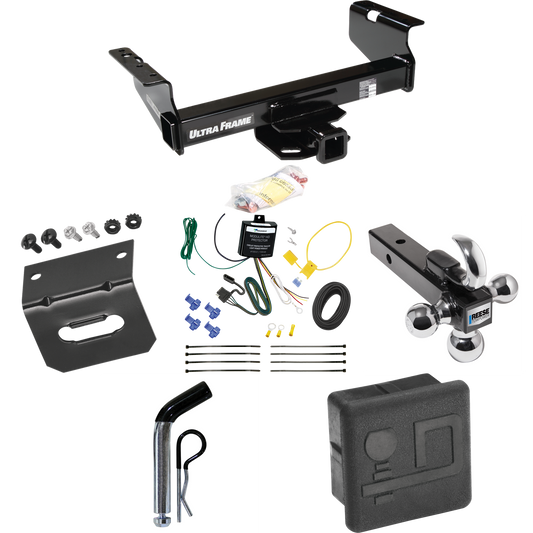 Fits 2007-2024 GMC Sierra 3500 HD Trailer Hitch Tow PKG w/ 4-Flat Wiring Harness + Triple Ball Ball Mount 1-7/8" & 2" & 2-5/16" Trailer Balls w/ Tow Hook + Pin/Clip + Hitch Cover + Wiring Bracket (For Cab & Chassis, w/34" Wide Frames Models) By Draw-