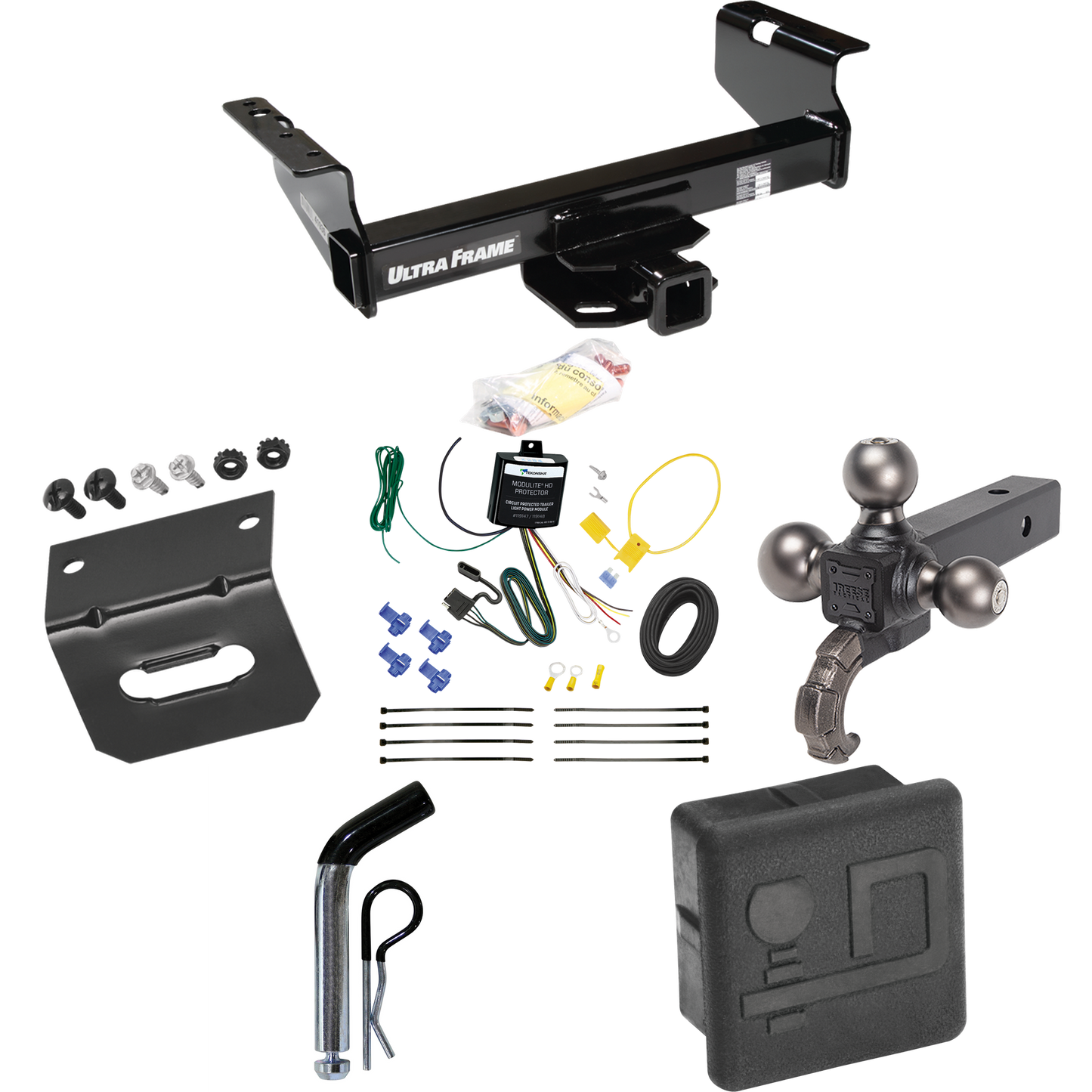 Fits 2007-2024 GMC Sierra 3500 HD Trailer Hitch Tow PKG w/ 4-Flat Wiring Harness + Triple Ball Ball Mount 1-7/8" & 2" & 2-5/16" Trailer Balls w/ Tow Hook + Pin/Clip + Hitch Cover + Wiring Bracket (For Cab & Chassis, w/34" Wide Frames Models) By Draw-