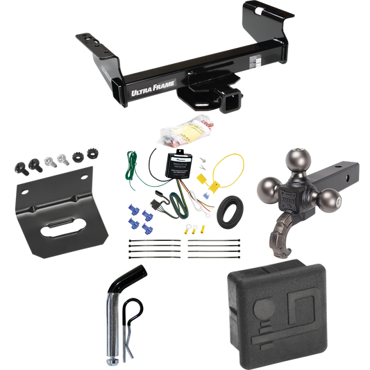 Fits 2007-2024 GMC Sierra 3500 HD Trailer Hitch Tow PKG w/ 4-Flat Wiring Harness + Triple Ball Ball Mount 1-7/8" & 2" & 2-5/16" Trailer Balls w/ Tow Hook + Pin/Clip + Hitch Cover + Wiring Bracket (For Cab & Chassis, w/34" Wide Frames Models) By Draw-