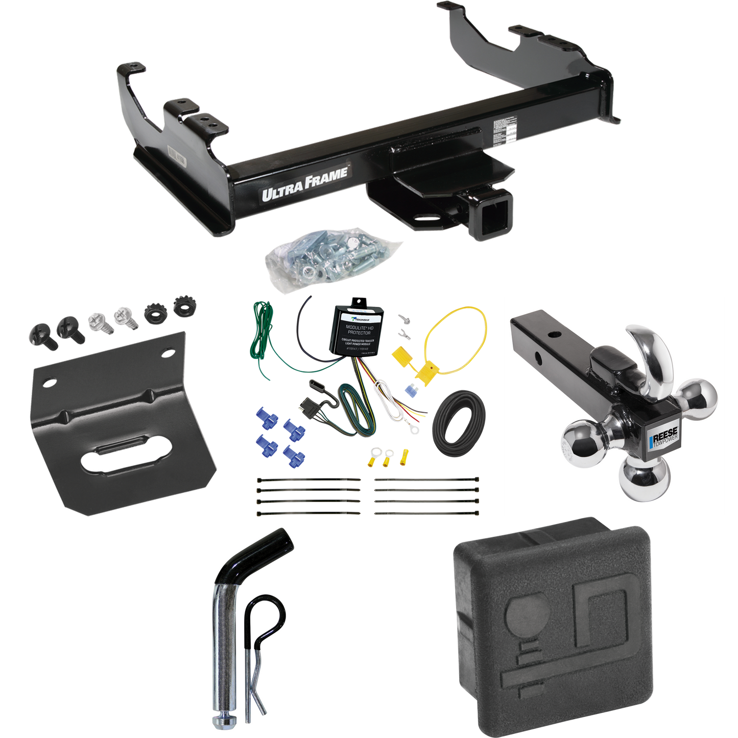 Fits 2007-2023 GMC Sierra 3500 HD Trailer Hitch Tow PKG w/ 4-Flat Wiring Harness + Triple Ball Ball Mount 1-7/8" & 2" & 2-5/16" Trailer Balls w/ Tow Hook + Pin/Clip + Hitch Cover + Wiring Bracket (For Cab & Chassis, w/34" Wide Frames Models) By Draw-