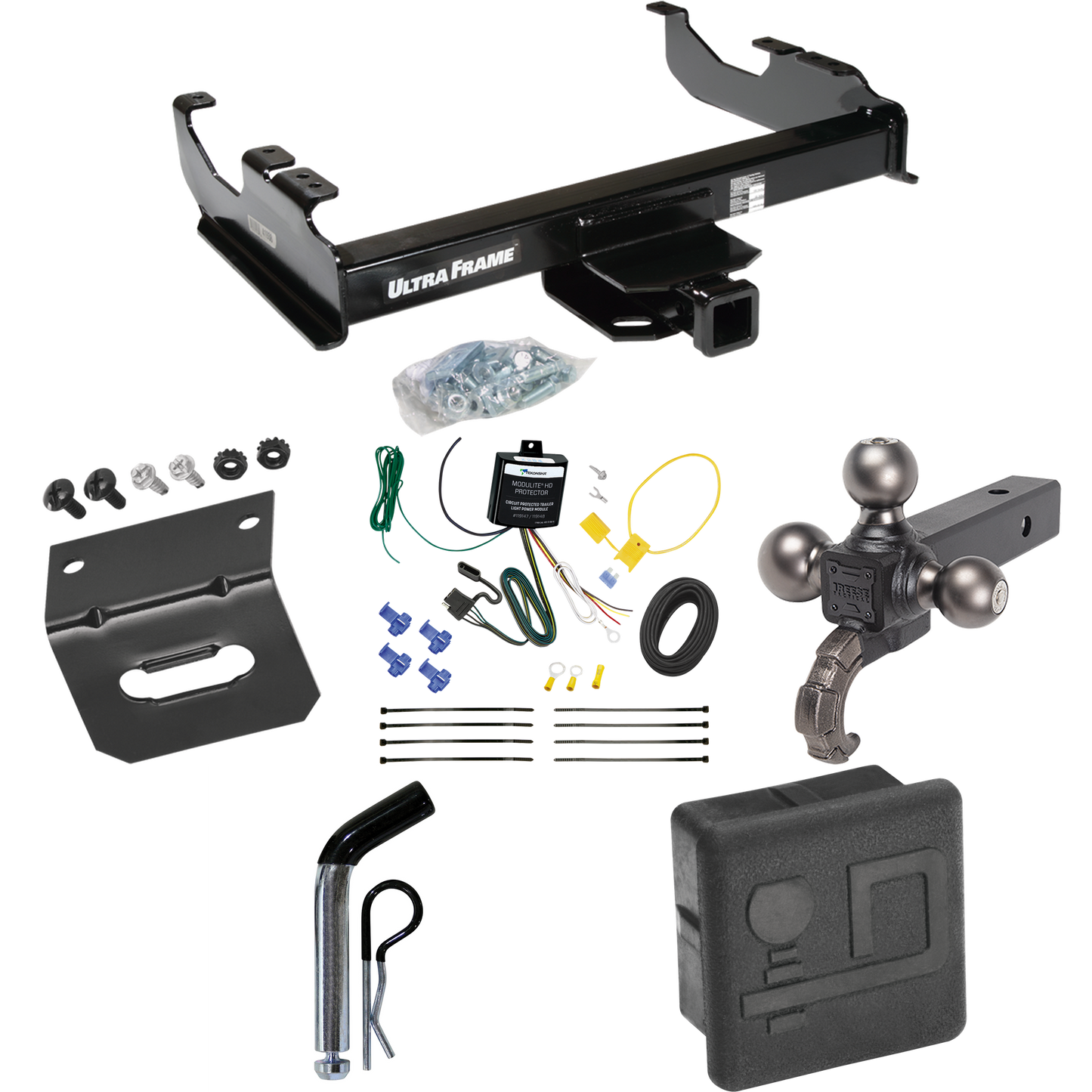 Fits 2007-2023 GMC Sierra 3500 HD Trailer Hitch Tow PKG w/ 4-Flat Wiring Harness + Triple Ball Ball Mount 1-7/8" & 2" & 2-5/16" Trailer Balls w/ Tow Hook + Pin/Clip + Hitch Cover + Wiring Bracket (For Cab & Chassis, w/34" Wide Frames Models) By Draw-