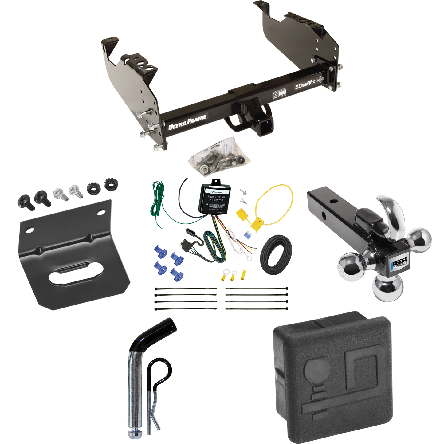 Fits 2007-2024 GMC Sierra 3500 HD Trailer Hitch Tow PKG w/ 4-Flat Wiring Harness + Triple Ball Ball Mount 1-7/8" & 2" & 2-5/16" Trailer Balls w/ Tow Hook + Pin/Clip + Hitch Cover + Wiring Bracket (For Cab & Chassis, w/34" Wide Frames Models) By Draw-