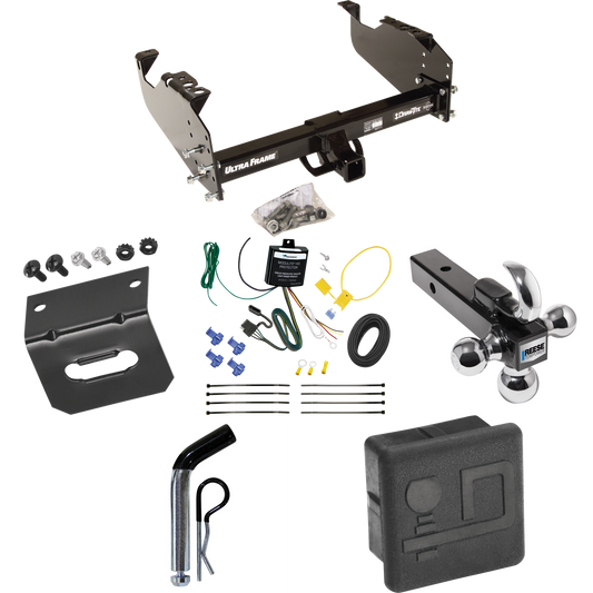 Fits 2007-2024 GMC Sierra 3500 HD Trailer Hitch Tow PKG w/ 4-Flat Wiring Harness + Triple Ball Ball Mount 1-7/8" & 2" & 2-5/16" Trailer Balls w/ Tow Hook + Pin/Clip + Hitch Cover + Wiring Bracket (For Cab & Chassis, w/34" Wide Frames Models) By Draw-