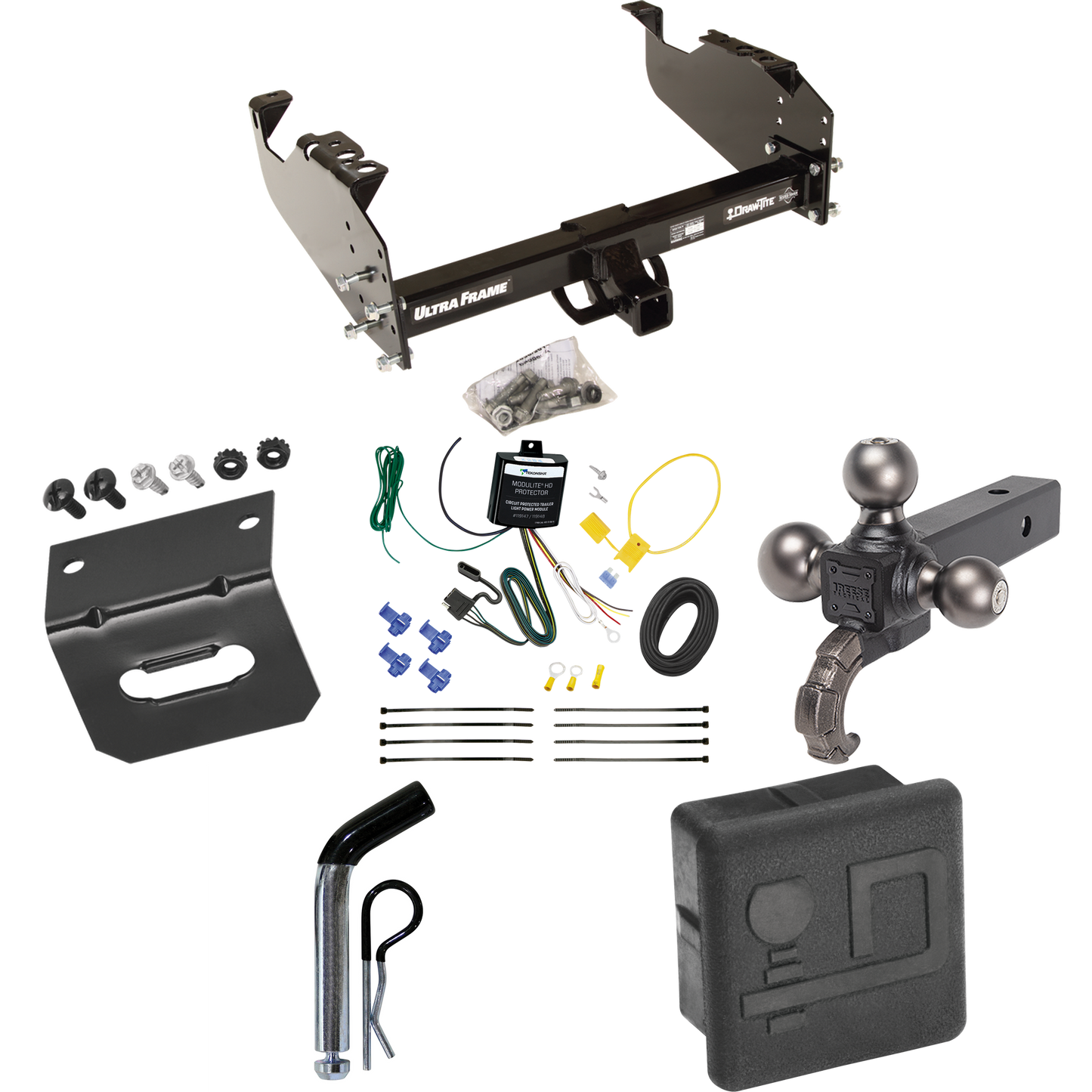 Fits 2007-2024 GMC Sierra 3500 HD Trailer Hitch Tow PKG w/ 4-Flat Wiring Harness + Triple Ball Ball Mount 1-7/8" & 2" & 2-5/16" Trailer Balls w/ Tow Hook + Pin/Clip + Hitch Cover + Wiring Bracket (For Cab & Chassis, w/34" Wide Frames Models) By Draw-