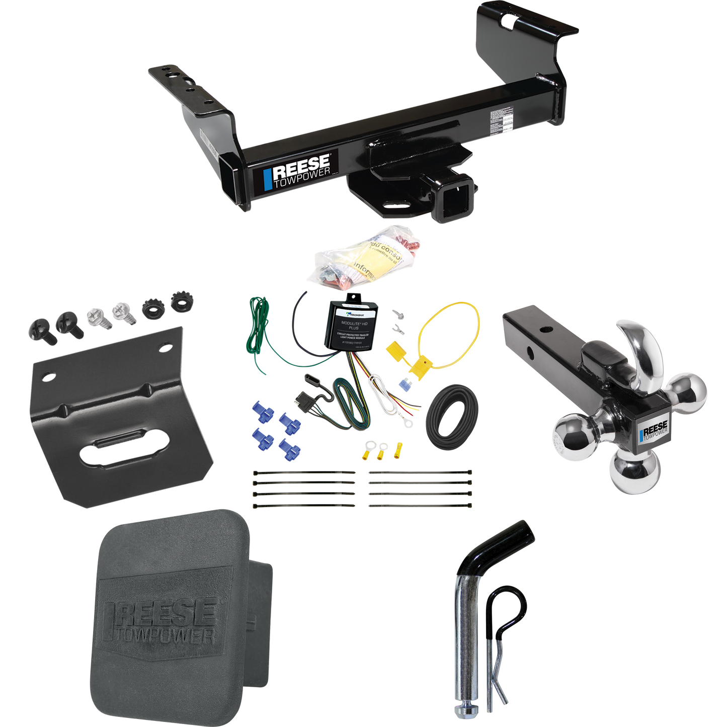 Fits 2007-2023 GMC Sierra 3500 HD Trailer Hitch Tow PKG w/ 4-Flat Wiring Harness + Triple Ball Ball Mount 1-7/8" & 2" & 2-5/16" Trailer Balls w/ Tow Hook + Pin/Clip + Hitch Cover + Wiring Bracket (For Cab & Chassis, w/34" Wide Frames Models) By Reese