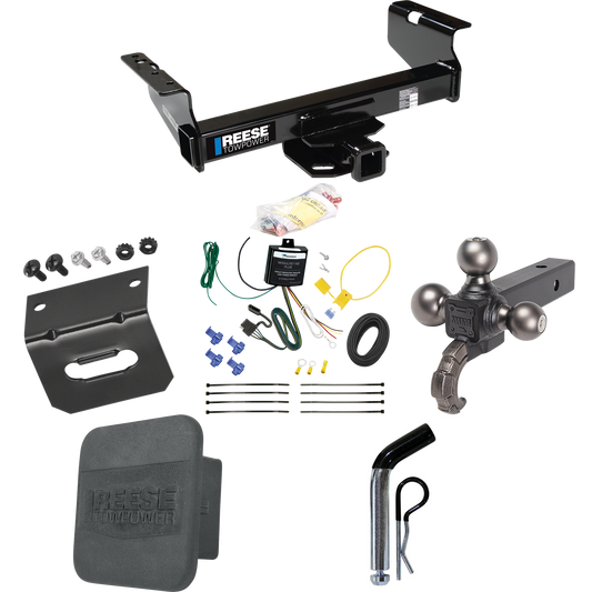 Fits 2007-2023 GMC Sierra 3500 HD Trailer Hitch Tow PKG w/ 4-Flat Wiring Harness + Triple Ball Ball Mount 1-7/8" & 2" & 2-5/16" Trailer Balls w/ Tow Hook + Pin/Clip + Hitch Cover + Wiring Bracket (For Cab & Chassis, w/34" Wide Frames Models) By Reese