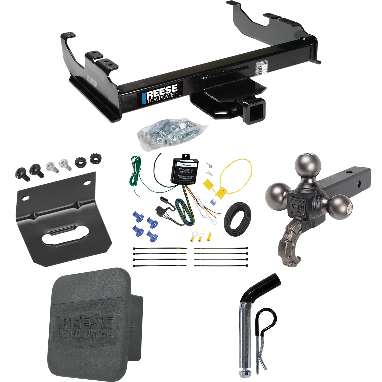 Fits 2007-2023 GMC Sierra 3500 HD Trailer Hitch Tow PKG w/ 4-Flat Wiring Harness + Triple Ball Ball Mount 1-7/8" & 2" & 2-5/16" Trailer Balls w/ Tow Hook + Pin/Clip + Hitch Cover + Wiring Bracket (For Cab & Chassis, w/34" Wide Frames Models) By Reese