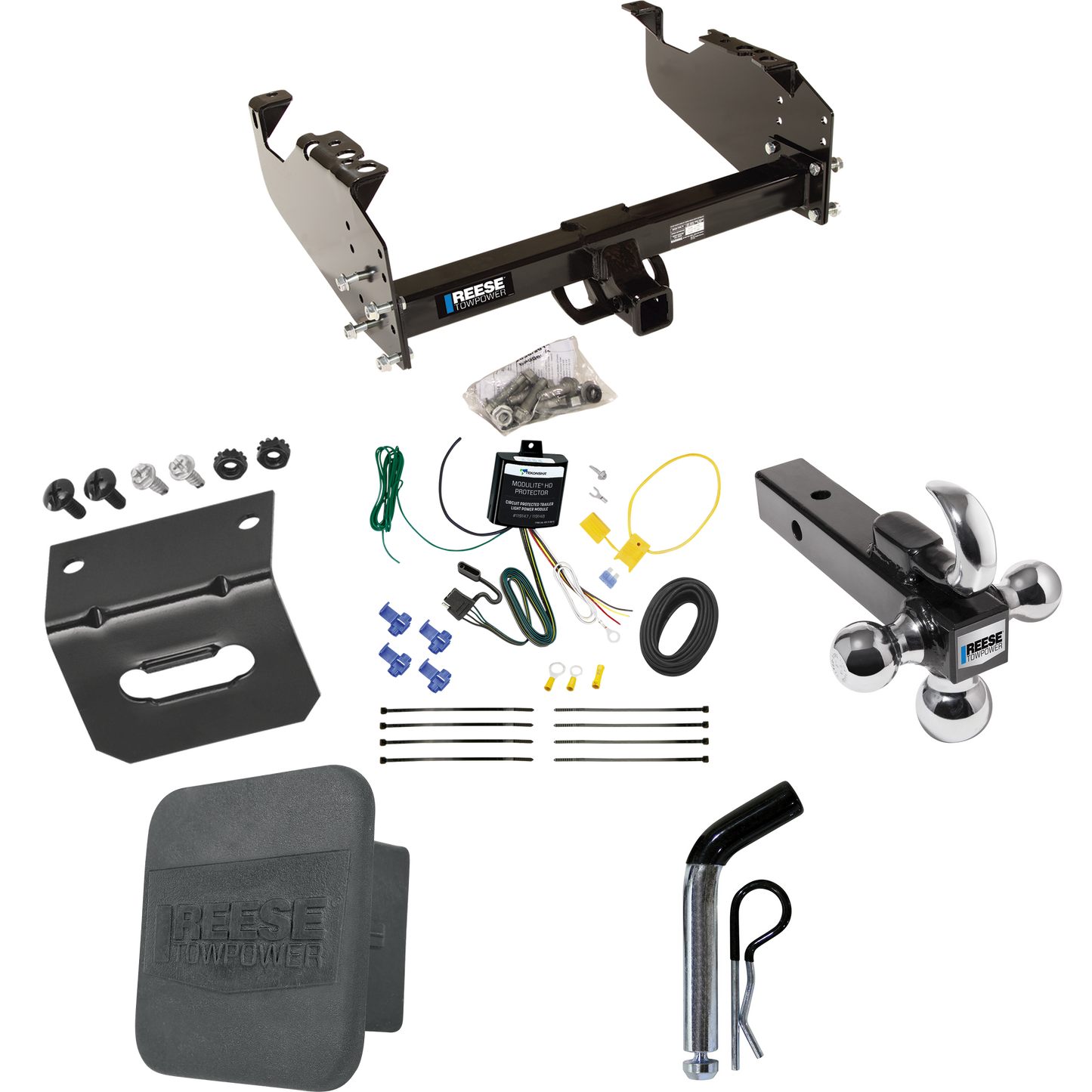 Fits 2007-2023 GMC Sierra 3500 HD Trailer Hitch Tow PKG w/ 4-Flat Wiring Harness + Triple Ball Ball Mount 1-7/8" & 2" & 2-5/16" Trailer Balls w/ Tow Hook + Pin/Clip + Hitch Cover + Wiring Bracket (For Cab & Chassis, w/34" Wide Frames Models) By Reese