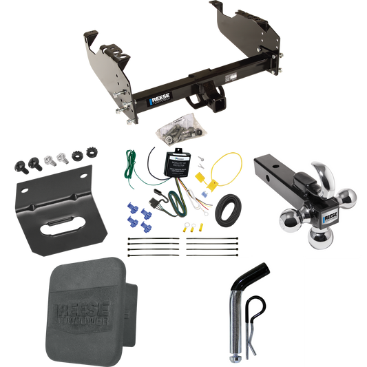 Fits 2007-2023 GMC Sierra 3500 HD Trailer Hitch Tow PKG w/ 4-Flat Wiring Harness + Triple Ball Ball Mount 1-7/8" & 2" & 2-5/16" Trailer Balls w/ Tow Hook + Pin/Clip + Hitch Cover + Wiring Bracket (For Cab & Chassis, w/34" Wide Frames Models) By Reese