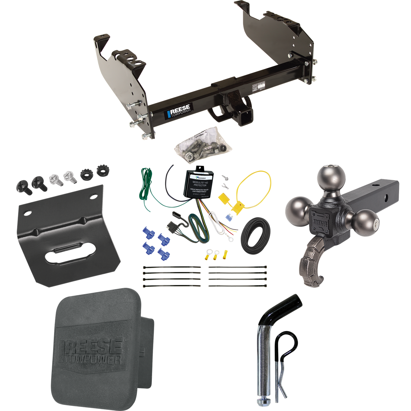 Fits 2007-2023 GMC Sierra 3500 HD Trailer Hitch Tow PKG w/ 4-Flat Wiring Harness + Triple Ball Ball Mount 1-7/8" & 2" & 2-5/16" Trailer Balls w/ Tow Hook + Pin/Clip + Hitch Cover + Wiring Bracket (For Cab & Chassis, w/34" Wide Frames Models) By Reese