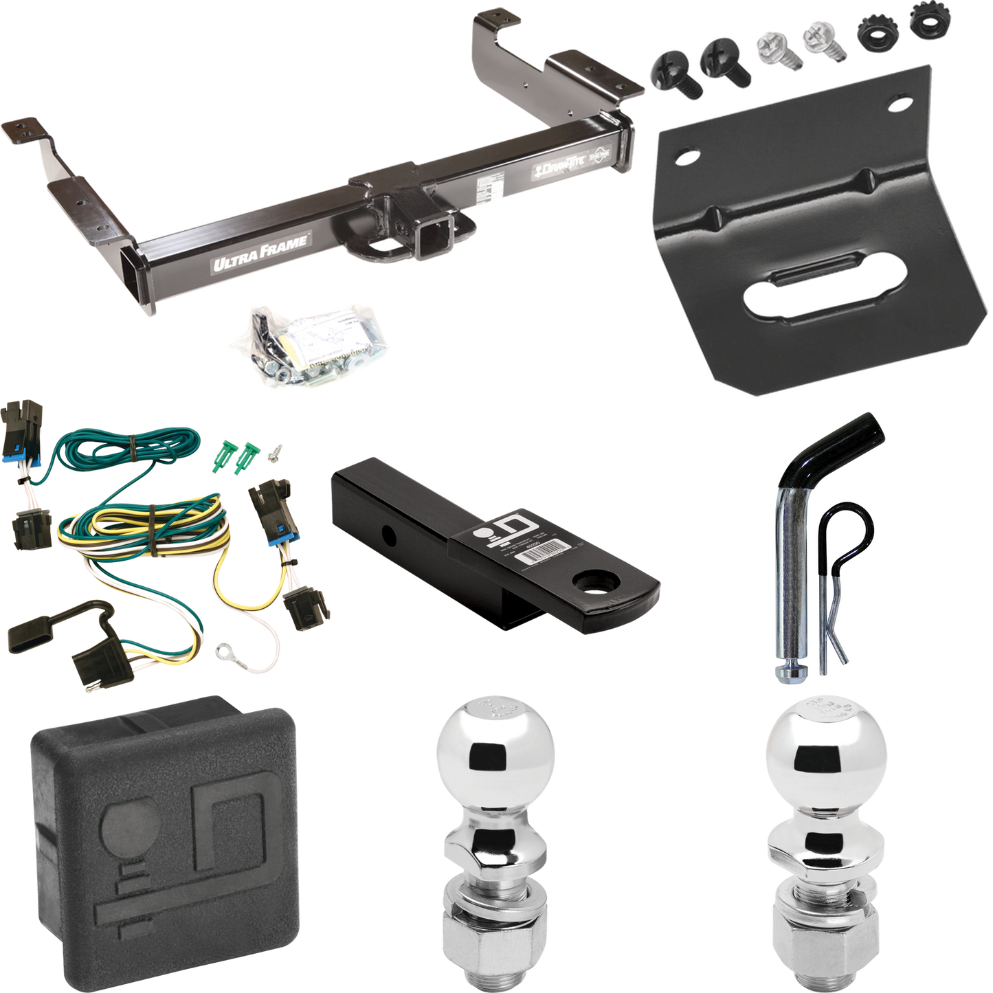 Fits 2003-2023 GMC Savana 2500 Trailer Hitch Tow PKG w/ 4-Flat Wiring Harness + Ball Mount w/ 2" Drop + Pin/Clip + 2" Ball + 2-5/16" Ball + Hitch Cover + Wiring Bracket By Draw-Tite