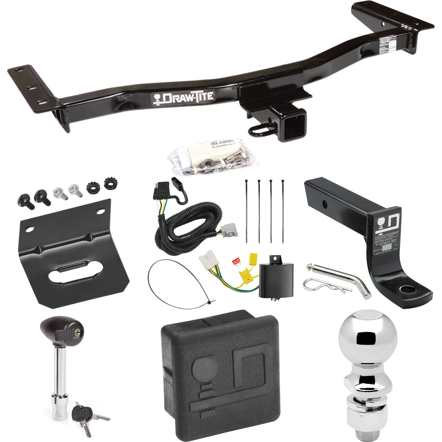 Fits 2010-2015 Lexus RX450h Trailer Hitch Tow PKG w/ 4-Flat Wiring + Ball Mount w/ 4" Drop + 2-5/16" Ball + Wiring Bracket + Hitch Lock + Hitch Cover (For Prepped w/Factory Tow Plug (See Instructions Prior to Installation) Models) By Draw-Tite