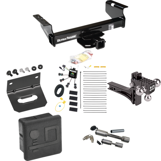 Fits 2007-2024 GMC Sierra 3500 HD Trailer Hitch Tow PKG w/ 4-Flat Zero Contact "No Splice" Wiring Harness + Adjustable Drop Rise Triple Ball Ball Mount 1-7/8" & 2" & 2-5/16" Trailer Balls + Dual Hitch & Coupler Locks + Hitch Cover + Wiring Bracket (F