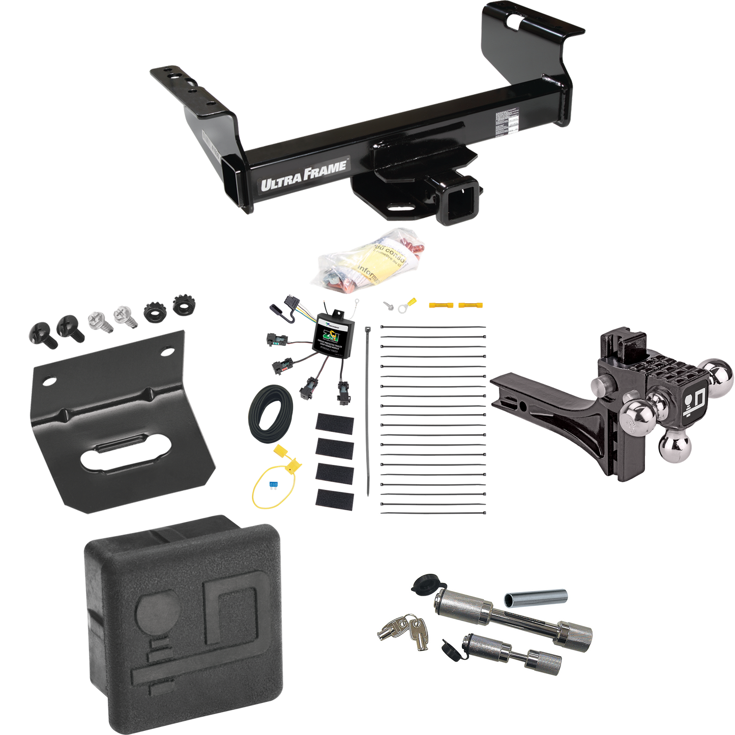 Fits 2007-2010 Dodge Ram 3500 Trailer Hitch Tow PKG w/ 4-Flat Zero Contact "No Splice" Wiring Harness + Adjustable Drop Rise Triple Ball Ball Mount 1-7/8" & 2" & 2-5/16" Trailer Balls + Dual Hitch & Coupler Locks + Hitch Cover + Wiring Bracket (For C