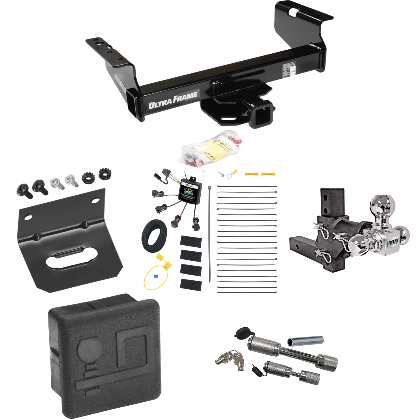 Fits 2007-2024 GMC Sierra 3500 HD Trailer Hitch Tow PKG w/ 4-Flat Zero Contact "No Splice" Wiring Harness + Adjustable Drop Rise Triple Ball Ball Mount 1-7/8" & 2" & 2-5/16" Trailer Balls + Dual Hitch & Coupler Locks + Hitch Cover + Wiring Bracket (F