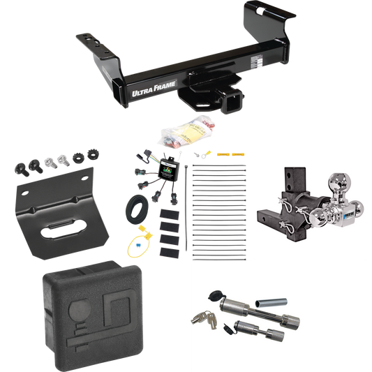 Fits 2007-2024 GMC Sierra 3500 HD Trailer Hitch Tow PKG w/ 4-Flat Zero Contact "No Splice" Wiring Harness + Adjustable Drop Rise Triple Ball Ball Mount 1-7/8" & 2" & 2-5/16" Trailer Balls + Dual Hitch & Coupler Locks + Hitch Cover + Wiring Bracket (F