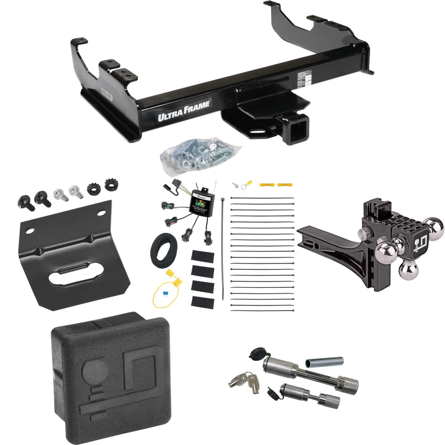 Fits 2007-2023 GMC Sierra 3500 HD Trailer Hitch Tow PKG w/ 4-Flat Zero Contact "No Splice" Wiring Harness + Adjustable Drop Rise Triple Ball Ball Mount 1-7/8" & 2" & 2-5/16" Trailer Balls + Dual Hitch & Coupler Locks + Hitch Cover + Wiring Bracket (F