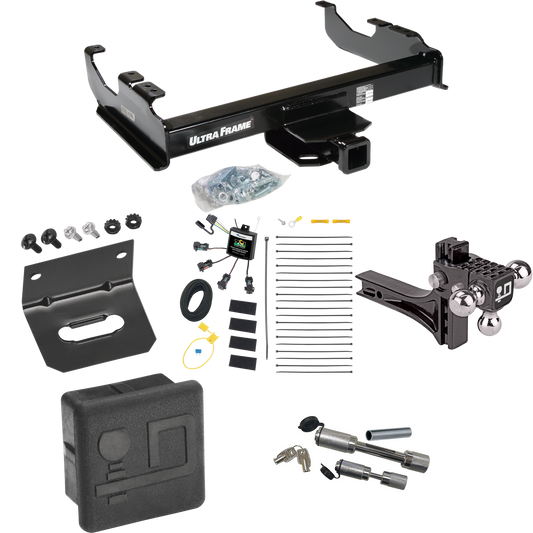 Fits 2007-2023 GMC Sierra 3500 HD Trailer Hitch Tow PKG w/ 4-Flat Zero Contact "No Splice" Wiring Harness + Adjustable Drop Rise Triple Ball Ball Mount 1-7/8" & 2" & 2-5/16" Trailer Balls + Dual Hitch & Coupler Locks + Hitch Cover + Wiring Bracket (F