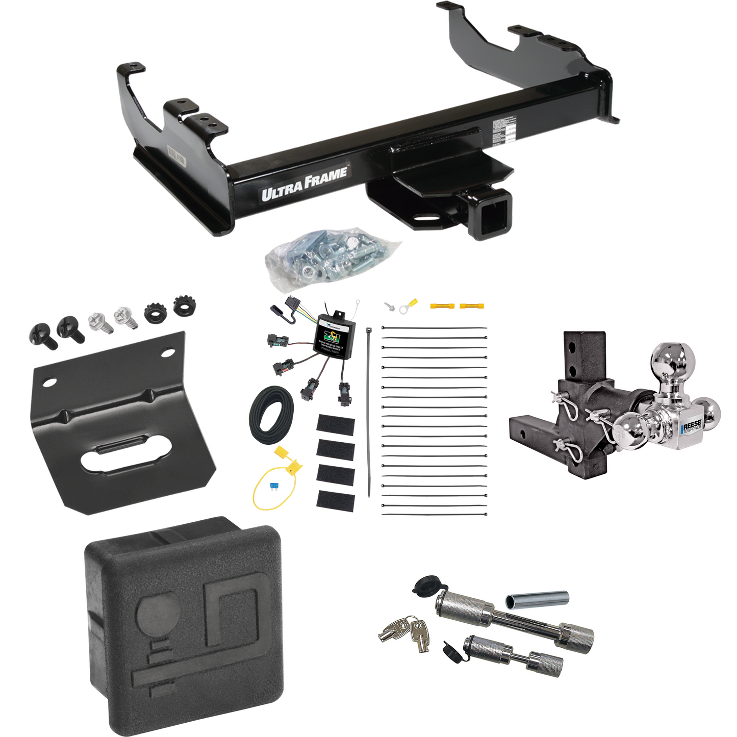 Fits 2007-2023 GMC Sierra 3500 HD Trailer Hitch Tow PKG w/ 4-Flat Zero Contact "No Splice" Wiring Harness + Adjustable Drop Rise Triple Ball Ball Mount 1-7/8" & 2" & 2-5/16" Trailer Balls + Dual Hitch & Coupler Locks + Hitch Cover + Wiring Bracket (F