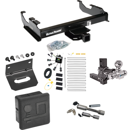 Fits 2007-2023 GMC Sierra 3500 HD Trailer Hitch Tow PKG w/ 4-Flat Zero Contact "No Splice" Wiring Harness + Adjustable Drop Rise Triple Ball Ball Mount 1-7/8" & 2" & 2-5/16" Trailer Balls + Dual Hitch & Coupler Locks + Hitch Cover + Wiring Bracket (F