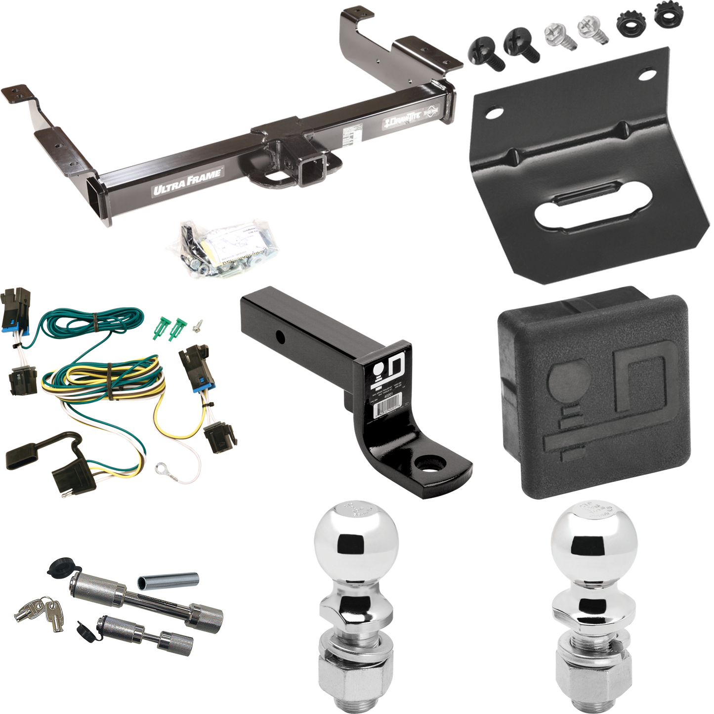 Fits 2003-2014 Chevrolet Express 1500 Trailer Hitch Tow PKG w/ 4-Flat Wiring Harness + Ball Mount w/ 4" Drop + Dual Hitch & Coupler Locks + 2" Ball + 2-5/16" Ball + Hitch Cover + Wiring Bracket By Draw-Tite