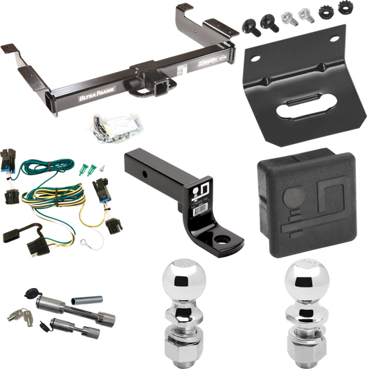 Fits 2003-2014 Chevrolet Express 1500 Trailer Hitch Tow PKG w/ 4-Flat Wiring Harness + Ball Mount w/ 4" Drop + Dual Hitch & Coupler Locks + 2" Ball + 2-5/16" Ball + Hitch Cover + Wiring Bracket By Draw-Tite