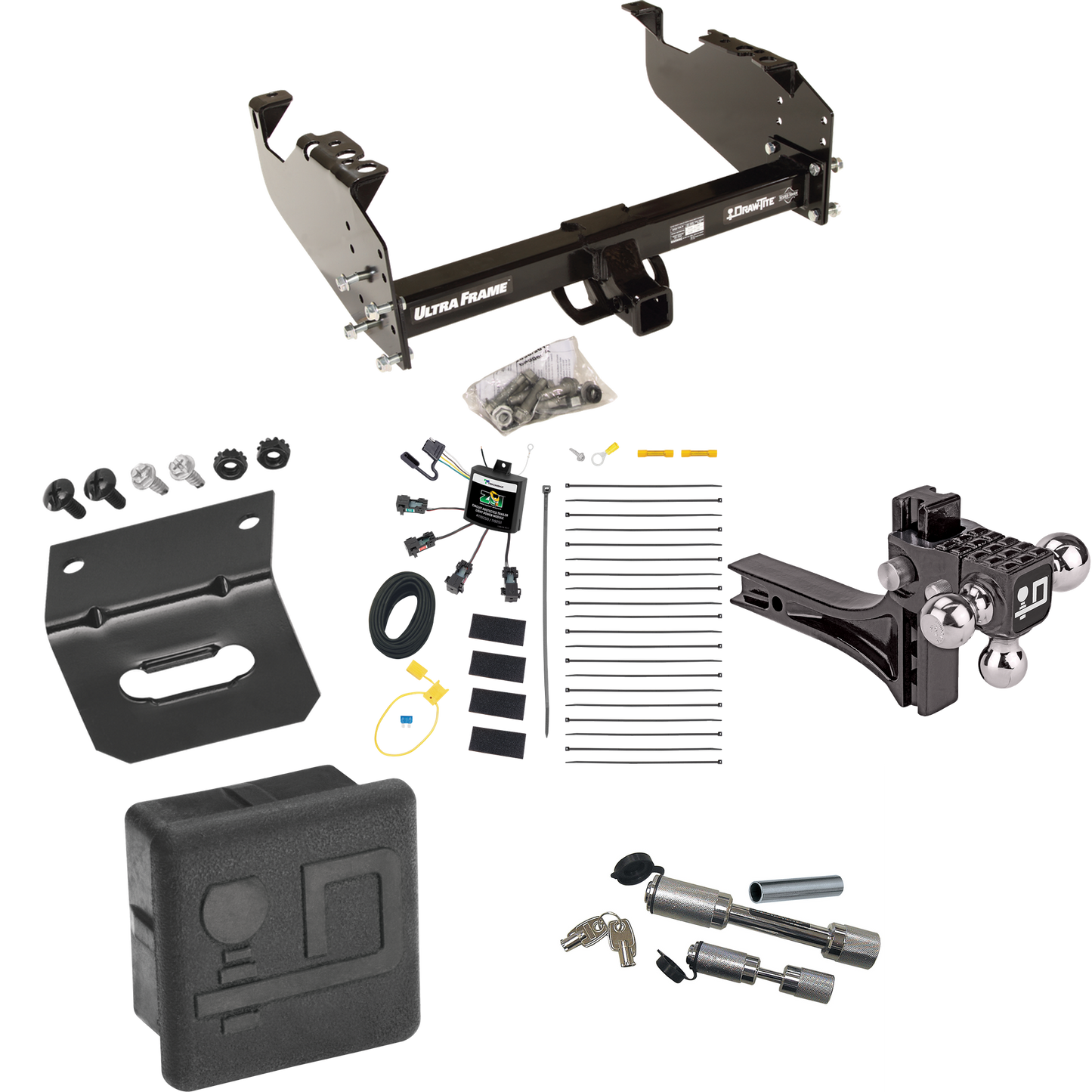 Fits 2007-2024 GMC Sierra 3500 HD Trailer Hitch Tow PKG w/ 4-Flat Zero Contact "No Splice" Wiring Harness + Adjustable Drop Rise Triple Ball Ball Mount 1-7/8" & 2" & 2-5/16" Trailer Balls + Dual Hitch & Coupler Locks + Hitch Cover + Wiring Bracket (F