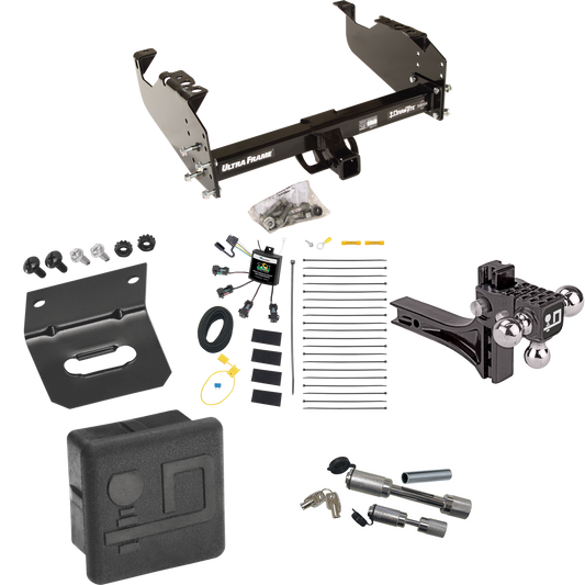 Fits 2007-2024 GMC Sierra 3500 HD Trailer Hitch Tow PKG w/ 4-Flat Zero Contact "No Splice" Wiring Harness + Adjustable Drop Rise Triple Ball Ball Mount 1-7/8" & 2" & 2-5/16" Trailer Balls + Dual Hitch & Coupler Locks + Hitch Cover + Wiring Bracket (F