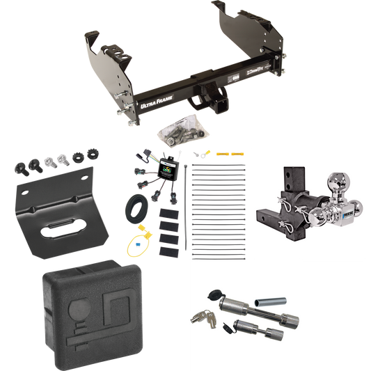 Fits 2007-2024 GMC Sierra 3500 HD Trailer Hitch Tow PKG w/ 4-Flat Zero Contact "No Splice" Wiring Harness + Adjustable Drop Rise Triple Ball Ball Mount 1-7/8" & 2" & 2-5/16" Trailer Balls + Dual Hitch & Coupler Locks + Hitch Cover + Wiring Bracket (F