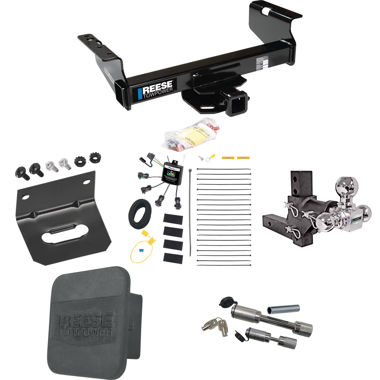 Fits 2001-2007 GMC Sierra 3500 Trailer Hitch Tow PKG w/ 4-Flat Zero Contact "No Splice" Wiring Harness + Adjustable Drop Rise Triple Ball Ball Mount 1-7/8" & 2" & 2-5/16" Trailer Balls + Dual Hitch & Coupler Locks + Hitch Cover + Wiring Bracket (For