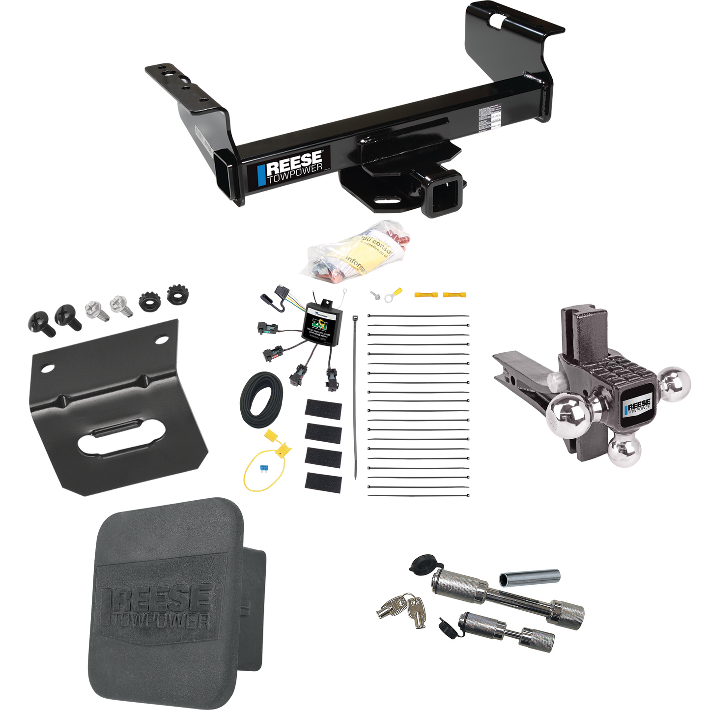 Fits 2007-2023 GMC Sierra 3500 HD Trailer Hitch Tow PKG w/ 4-Flat Zero Contact "No Splice" Wiring Harness + Adjustable Drop Rise Triple Ball Ball Mount 1-7/8" & 2" & 2-5/16" Trailer Balls + Dual Hitch & Coupler Locks + Hitch Cover + Wiring Bracket (F